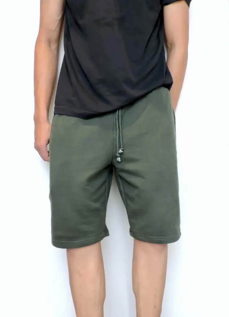 Olive green unisex sweatshorts.