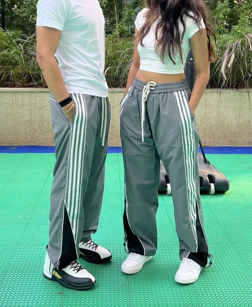 Striped straight fit parachute pants. 