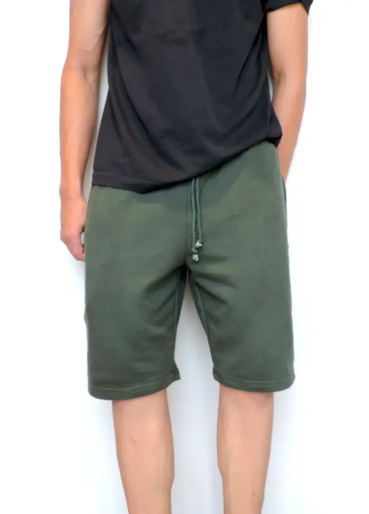 Olive green unisex sweatshorts.